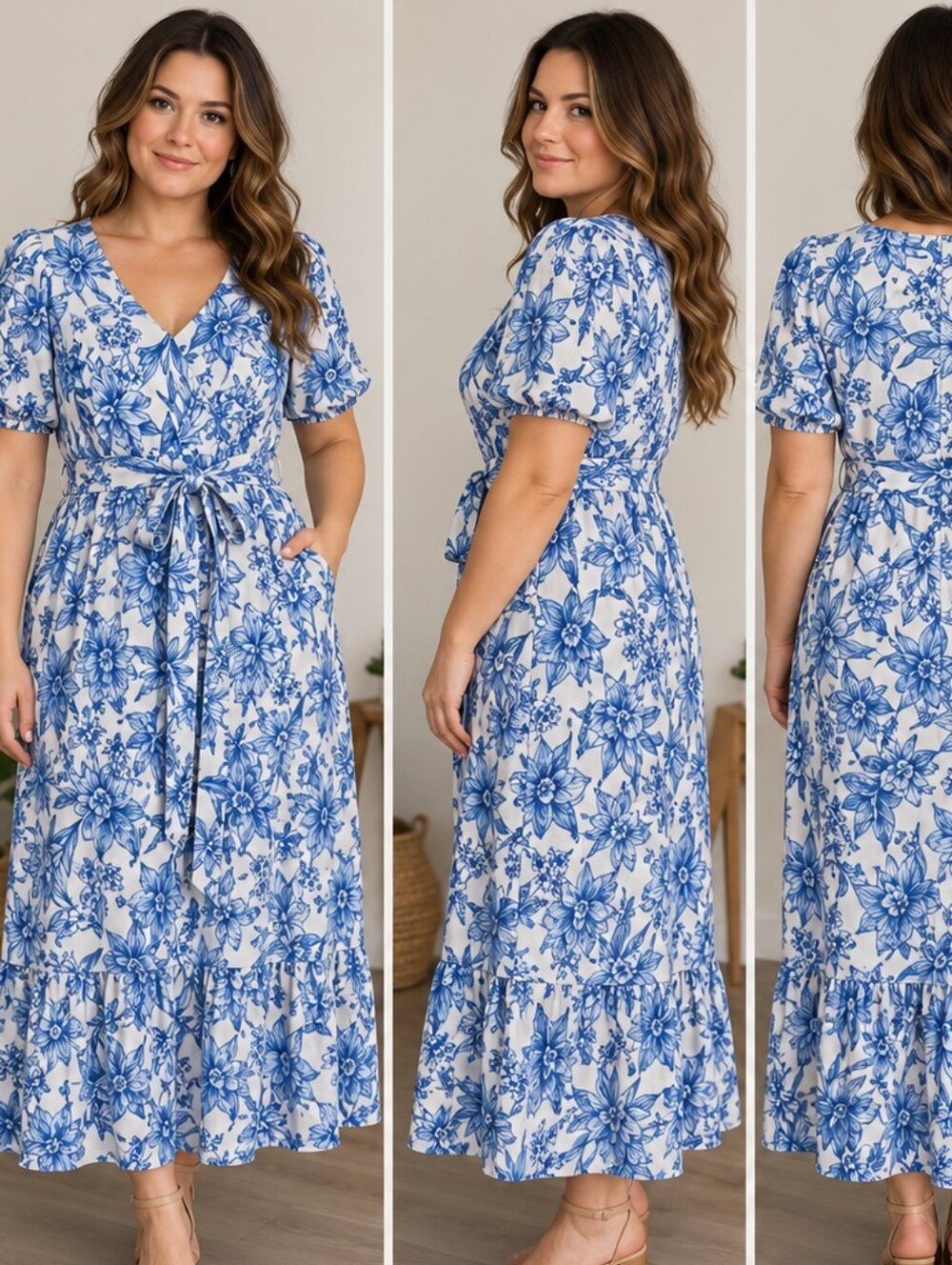 Blue & White Floral Belted Maxi Dress – Approx. Size 14–16 New